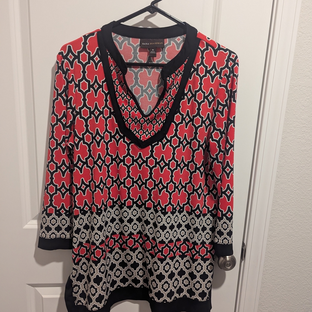 Dana Buchman Red and Gray Geometric Blouse